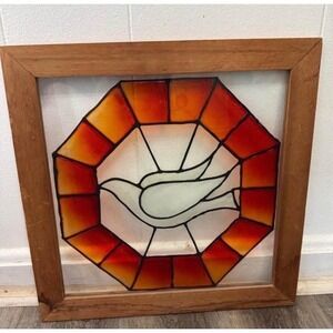 Vintage Wood Framed White Dove Peace Bird With Orange Sun Rays  Stained Glass